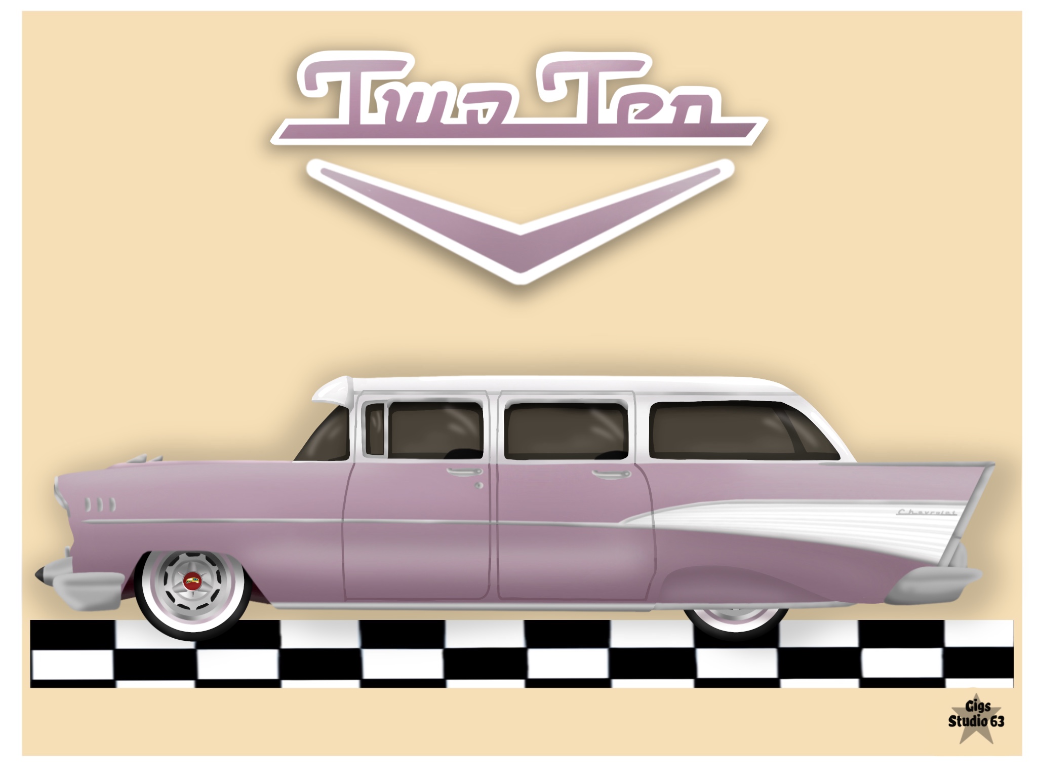 Digital Drawing of my mum's 1957 Chevy Two Ten Wagon, in Dusk Pearl and Imperial Ivory